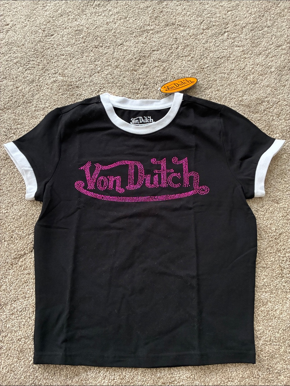 Von Dutch Black Tee with Pink Rhinestone Logo and White Trim